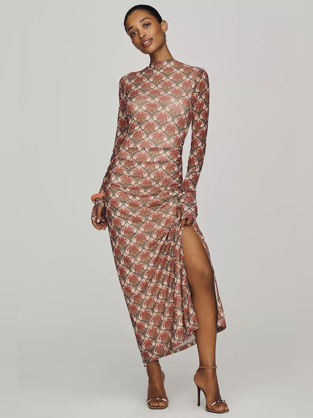 Farm Rio Long-Sleeve Mock-Neck Mesh Slim Midi Dress – Size XS